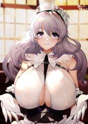 Rule 34 | 1girl, apron, artist name, azur lane, bare shoulders, black dress, blurry, blurry background, breasts, center opening, charybdis (azur lane), commentary request, covered erect nipples, dress, frilled apron, frills, gloves, hachimitsu hinako, hair between eyes, hairband, huge breasts, indoors, lace-trimmed hairband, lace trim, light purple hair, long hair, looking at viewer, maid headdress, purple eyes, shirt, smile, solo, upper body, white gloves, white shirt, window
