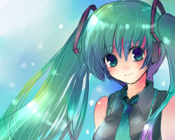 Rule 34 | 1girl, aqua hair, bad id, bad pixiv id, blush, closed mouth, collared shirt, detached sleeves, dust, grey shirt, hair ornament, hatsune miku, headphones, kobanzame, long hair, looking at viewer, multicolored hair, necktie, shirt, sketch, smile, solo, sparkle, twintails, upper body, vocaloid
