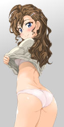 Rule 34 | 1girl, absurdres, ass, bad id, bad pixiv id, blue eyes, blush, bra, breasts, brown hair, closed mouth, commentary request, gegege no kitarou, gradient background, gradient hair, grey background, hair ornament, hairclip, highres, inuyama mana, long hair, looking at viewer, medium breasts, multicolored hair, panties, pink bra, pink panties, smile, solo, sweater, underwear, undressing, white sweater, yoshitani motoka