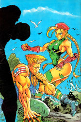 Rule 34 | army, balrog (street fighter), beret, bird, blonde hair, braid, breasts, cammy white, capcom, curvy, dog tags, fighting, flag, guile, hat, highleg, highleg leotard, highres, leotard, looking at another, muscular, seagull, sideboob, street fighter, tattoo, twin braids, united states
