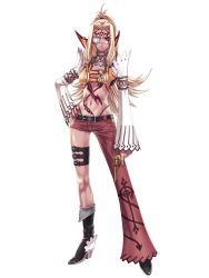 Rule 34 | 1girl, asymmetrical clothes, belt, blazing souls, blonde hair, boots, brown eyes, character request, detached sleeves, eyepatch, full body, gun, hair tubes, hand on own hip, hirano katsuyuki, knee boots, bridal garter, long hair, midriff, navel, official art, ponytail, revealing clothes, sidelocks, single pantsleg, smile, solo, spectral (series), tattoo, weapon, white background