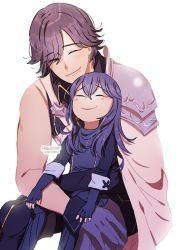Rule 34 | 1boy, 1girl, blue hair, cape, child, chrom (fire emblem), darkgreyclouds, closed eyes, father and daughter, fingerless gloves, fire emblem, fire emblem awakening, gloves, grin, hair over one eye, lucina (fire emblem), nintendo, sitting, sitting on lap, sitting on person, smile