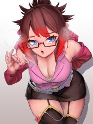 Rule 34 | 1girl, arm behind back, bare shoulders, belt, bent over, black skirt, black thighhighs, blue eyes, blush, breasts, breath, brown hair, cleavage, commission, controller, cowboy shot, enokiyama, fellatio gesture, female focus, garter straps, glasses, gradient background, hair ribbon, hand up, large breasts, long sleeves, looking at viewer, miniskirt, multicolored hair, nail polish, navel, nose blush, off shoulder, open mouth, original, pencil skirt, pink nails, pink ribbon, pink shirt, red-framed eyewear, red hair, red sweater, remote control, remote control vibrator, ribbon, semi-rimless eyewear, sex toy, shirt, short hair, sidelocks, simple background, skeb commission, skirt, sleeveless, sleeveless shirt, solo, standing, sweater, thighhighs, two-tone hair, vibrator, vibrator cord, vibrator in thighhighs, vibrator under clothes, white background