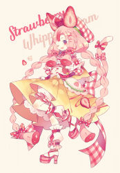 Rule 34 | 1girl, bloomers, bow, braid, brown background, brown skirt, flower, food-themed clothes, food-themed hair ornament, full body, hair bow, hair ornament, hat, highres, layered sleeves, long hair, long sleeves, low twintails, multicolored hair, original, pink footwear, pink hair, pink shirt, plaid, plaid headwear, platform footwear, platform heels, pleated skirt, polka dot, polka dot bow, puffy short sleeves, puffy sleeves, red bow, red eyes, red flower, red hair, shirt, short over long sleeves, short sleeves, sidelocks, simple background, skirt, sleeves past wrists, solo, standing, standing on one leg, strawberry hair ornament, streaked hair, striped, striped bow, tail, tail bow, tail ornament, tail raised, twin braids, twintails, underwear, very long hair, white bloomers, white flower, yumenouchi chiharu