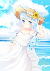 Rule 34 | 1girl, alternate costume, alternate headwear, arm at side, bad id, bad pixiv id, blue eyes, blue hair, blue sky, blush, breasts, cirno, cloud, commentary request, day, dress, flower, hair flower, hair ornament, hand on headwear, hat, horizon, leaning to the side, lens flare, looking at viewer, nibosi, ocean, outdoors, raglan sleeves, short hair, sky, small breasts, solo, standing, straw hat, summer, sundress, sunflower, sunflower hair ornament, touhou, white dress, wings