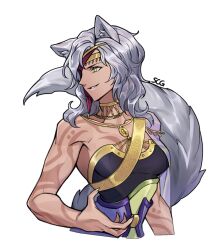 Rule 34 | 1girl, animal ears, bare arms, bare shoulders, bodypaint, breasts, commentary, fire emblem, fire emblem: radiant dawn, green eyes, grey hair, grin, jewelry, large breasts, long hair, nailah (fire emblem), neck ring, nintendo, silvercandy gum, simple background, smile, solo, upper body, white background, wolf ears