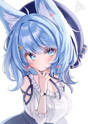 Rule 34 | 1girl, absurdres, animal ear piercing, animal ears, beret, black ribbon, black skirt, blue eyes, blue hair, blue hat, blush, breasts, center frills, closed mouth, clothing cutout, commentary request, dog ears, earrings, finger to cheek, frilled shirt, frills, hair ornament, hat, heart, heart earrings, highres, jewelry, looking at viewer, medium bangs, medium breasts, medium hair, nanashi inc., neck ribbon, ribbon, sanada shinka, shirt, shoulder cutout, simple background, skirt, solo, souya ichika, souya ichika (5th costume), squiggle, upper body, virtual youtuber, watch, white background, white shirt, wristwatch, x hair ornament