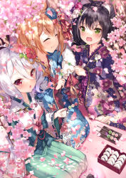Rule 34 | 3girls, :t, animal ear fluff, animal ears, black hair, blue kimono, blurry, blurry foreground, blush, braid, brown hair, cat ears, closed eyes, closed mouth, collarbone, commentary request, crown braid, dango, day, depth of field, eating, fang, floral print, flower, food, frilled kimono, frilled sleeves, frills, fur collar, green eyes, green hakama, hair between eyes, hakama, hakama skirt, highres, holding, holding food, japanese clothes, karyl (new year) (princess connect!), karyl (princess connect!), kimono, kokkoro (new year) (princess connect!), kokkoro (princess connect!), long sleeves, multicolored hair, multiple girls, onigiri, open mouth, outdoors, pecorine (new year) (princess connect!), pecorine (princess connect!), petals, pink flower, pointy ears, princess connect!, print kimono, purple kimono, red eyes, rong yi tan, sanshoku dango, seiza, sitting, skirt, streaked hair, v-shaped eyebrows, wagashi, wavy mouth, white hair, white kimono, wide sleeves