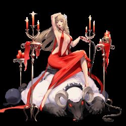 Rule 34 | 1girl, animated, animated gif, bouncing breasts, breasts, brown hair, candle, candlestand, catherine (game), cleavage, destiny child, dress, flower, hair flower, hair ornament, halterneck, heels, high heels, horns, katherine mcbride, kim hyung tae, large breasts, long hair, looking at viewer, navel, official art, parted lips, red dress, revealing clothes, sheep, sitting, sitting on person, skull, transparent background, whip