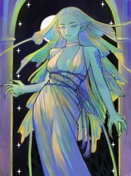 Rule 34 | 1girl, absurdres, arch, bare arms, bare shoulders, blue dress, blue eyes, blue hair, blue skin, blue theme, breasts, bright pupils, choker, closed mouth, colored skin, commentary, contrapposto, dress, feet out of frame, fingernails, full moon, gills, grey hair, grey skin, hair slicked back, hair wings, halterneck, highres, long fingernails, long hair, looking at viewer, medium breasts, moon, multicolored hair, night, night sky, original, plunging neckline, pointy ears, purple hair, purple theme, rope, scales, sharp fingernails, sky, solo, sparkle, standing, symbol-only commentary, tassel, very long hair, white hair, white pupils, ya0n0524
