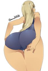 Rule 34 | 1girl, adjusting clothes, adjusting swimsuit, alessandra susu, artist name, ass, bebebe (pepegakii), blonde hair, blue eyes, blue one-piece swimsuit, fingernails, hand on own ass, highres, long hair, looking back, one-piece swimsuit, simple background, smile, solo, swimsuit, tokyo 7th sisters, twitter username