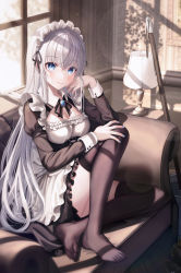 Rule 34 | 1girl, absurdres, armchair, black dress, black footwear, black thighhighs, blue eyes, blush, breasts, bucket, chair, cleavage, closed mouth, commentary, day, dress, english commentary, feet, frilled dress, frills, funii, hair between eyes, highres, indoors, juliet sleeves, knee up, legs, long hair, long sleeves, maid, maid headdress, medium breasts, no shoes, on chair, original, puffy sleeves, shoes, unworn shoes, silver hair, sitting, smile, solo, thighhighs, very long hair, window