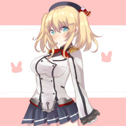 Rule 34 | 1girl, alternate hairstyle, atago (kancolle), bad id, bad pixiv id, beret, blush, breasts, buttons, cosplay, epaulettes, frilled sleeves, frills, gloves, green eyes, hat, jacket, kantai collection, kashima (kancolle) (cosplay), kashima (kancolle), kerchief, large breasts, long hair, long sleeves, looking at viewer, military, military uniform, miniskirt, pleated skirt, skirt, solo, touko (toukoneko), twintails, uniform, white gloves