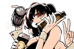 Rule 34 | 1girl, arthropod girl, bare shoulders, black shirt, blush, bottle, breasts, can, cheek press, commentary request, condensation, empty eyes, extra arms, extra eyes, fangs, half-closed eyes, hands up, highres, holding, holding bottle, holding can, insect girl, korean commentary, large breasts, looking at viewer, medium hair, multicolored hair, open mouth, original, red eyes, red hair, shirt, simple background, sleeveless, sleeveless shirt, solo, spider girl, ssambatea, steam, streaked hair, upper body, w, white background, wrist cuffs