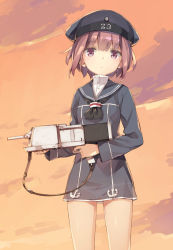Rule 34 | 10s, 1girl, beret, blush, bow, bow panties, clothes writing, gun, hat, kani biimu, kantai collection, looking at viewer, panties, personification, red eyes, red hair, sailor collar, sailor hat, short hair, solo, underwear, weapon, white panties, z3 max schultz (kancolle)