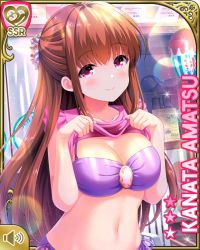 Rule 34 | 1girl, amatsu kanata, bare arms, bare legs, barefoot, beach, brown hair, card, character name, closed mouth, clothes lift, day, girlfriend (kari), lifted by self, long hair, midriff, navel, official art, one-piece swimsuit, outdoors, pink shirt, purple one-piece swimsuit, qp:flapper, red eyes, shirt, shirt lift, smile, solo, standing, swimsuit, tagme, tied shirt