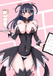 Rule 34 | 1girl, alternate costume, arm at side, bare shoulders, black cape, black collar, black leotard, black sleeves, black thighhighs, blue hair, blush, boku no kokoro no yabai yatsu, breasts, brown eyes, cape, cleavage, closed mouth, collar, collarbone, dark blue hair, detached collar, detached sleeves, dot nose, eyebrows, eyelashes, feet out of frame, female focus, food, hand up, highres, holding, holding plate, huge breasts, ice cream, leotard, long28, long hair, multicolored cape, multicolored clothes, pink background, plate, pov, red cape, short twintails, simple background, smile, solo, standing, strapless, strapless leotard, thigh gap, thighhighs, tight clothes, twintails, two-tone sleeves, waist cape, white cape, white sleeves, yamada anna