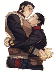 Rule 34 | 2boys, arm hair, ass, bara, beard, black hair, blue jacket, blue pants, blush, brown eyes, buzz cut, collared jacket, cropped legs, facial hair, golden kamuy, hair strand, hairy, head on chest, highres, hug, imperial japanese army, jacket, koooogasya, large pectorals, long sideburns, long sleeves, male focus, military, military uniform, multiple boys, ogata hyakunosuke, own hands together, pants, pectorals, short hair, sideburns, simple background, stubble, tanigaki genjirou, thick eyebrows, tight clothes, tight pants, toned, toned male, uniform, very short hair, yaoi