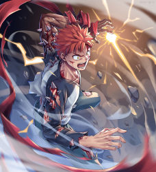 Rule 34 | 1boy, angry, bandages, blood, blood from mouth, blood on face, colored skin, craft essence (fate), emiya shirou, energy, fate/stay night, fate (series), heaven&#039;s feel, male focus, multicolored skin, orange hair, raglan sleeves, red hair, short hair, shroud of martin, solo, spikes, two-tone skin, yellow eyes, zhandou greymon