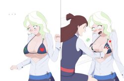 Rule 34 | ..., 2girls, arrow (symbol), artist name, belt, bikini, bikini top only, blue belt, blue bikini, blush, breasts, brown hair, buttons, clenched hands, closed mouth, diana cavendish, english text, grabbing, grabbing another&#039;s breast, green hair, heart, heart-shaped pupils, highres, kagari atsuko, large breasts, little witch academia, long hair, looking at breasts, looking down, multicolored hair, multiple girls, non-web source, open clothes, open mouth, open shirt, ponytail, red belt, red ribbon, ribbon, school uniform, sequential, shirt, side ponytail, simple background, skirt, streaked hair, surprised, swimsuit, symbol-shaped pupils, thotticus-slayer, unbuttoned, unbuttoned shirt, wand, wavy hair, white background, white shirt