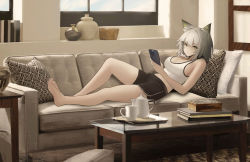Rule 34 | 1girl, animal ear fluff, animal ears, arknights, barefoot, black shorts, breasts, cat ears, cat girl, cleavage, coffee table, couch, crop top, cup, distr, full body, green eyes, grey hair, highres, holding, holding phone, kal&#039;tsit (arknights), large breasts, looking at viewer, lying, midriff peek, mug, on back, on couch, phone, short hair, shorts, sideboob, solo, table, tank top, teapot, white tank top