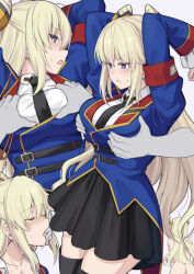 Rule 34 | 1girl, arms up, black skirt, blonde hair, blue eyes, blue jacket, blush, breasts, closed eyes, coattails, code geass, code geass: boukoku no akito, disembodied limb, double bun, finger in another&#039;s mouth, grabbing, grabbing another&#039;s breast, hair bun, jacket, large breasts, leila malcal, long hair, long sleeves, multiple views, necktie, open mouth, shiseki hirame, skirt, solo, thighhighs