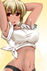 Rule 34 | 1girl, abs, armpits, arms behind head, arms up, black panties, blonde hair, breasts, collarbone, highres, large breasts, looking at viewer, midriff, navel, nishi koutarou, no pants, original, panties, parted lips, shiny skin, shirt, skindentation, smile, solo, sweat, tan, taut clothes, taut shirt, teacher, tied shirt, underwear, whistle