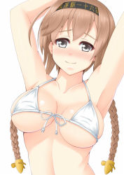 Rule 34 | 10s, 1girl, armpits, arms up, bad id, bad pixiv id, bikini, blush, braid, breasts, brown hair, clothes writing, female focus, front-tie top, grey eyes, hair ornament, hairband, kantai collection, large breasts, long hair, looking at viewer, propeller hair ornament, sano souichi, shiny skin, simple background, skindentation, smile, solo, swimsuit, teruzuki (kancolle), twin braids, upper body