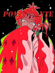 Rule 34 | 1girl, absurdres, black background, colored eyelashes, cookie run, covering own mouth, dark-skinned female, dark skin, gem, highres, japanese clothes, kimono, long sleeves, looking at viewer, pomegranate cookie, red eyes, red gemstone, red kimono, short hair, solo, sparkle, whenever96, wide sleeves