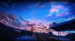 Rule 34 | aurora, building, city, cityscape, cloud, commentary request, dusk, fence, highres, horizon, kaminami yoshitaka, letterboxed, mountainous horizon, night, night sky, no humans, original, outdoors, overhead line, partial commentary, railroad tracks, scenery, sign, sky, star (sky), starry sky, train station