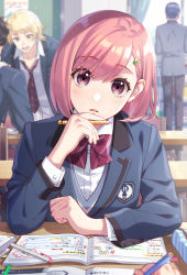 Rule 34 | 1girl, 3boys, blazer, blonde hair, blue hair, blue jacket, bob cut, book, bow, bowtie, classroom, collared shirt, curious, day, desk, dress shirt, facing away, hair ornament, hairclip, head tilt, highres, hiiragi yanosuke, holding, holding pencil, honda iku, indoors, jacket, kazama ryouta, light particles, long sleeves, looking at viewer, mechanical pencil, multiple boys, necktie, notebook, open book, out of frame, parted lips, pencil, pencil case, pov, pov across table, pov hands, protagonist (tokimemo gs4), purple eyes, red bow, red bowtie, red necktie, school desk, school uniform, shirt, short hair, sitting, solo focus, standing, studying, sweater vest, swept bangs, tokimeki memorial, tokimeki memorial girl&#039;s side 4th heart, ttnk gc19, white shirt