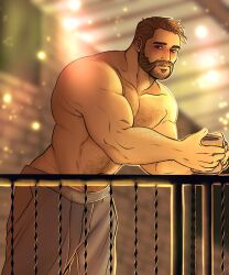 Rule 34 | 1boy, absurdres, against fence, bara, beard, blush, call of duty, call of duty: modern warfare 2, captain price, chest hair, cup, facial hair, feet out of frame, fence, from below, highres, holding, holding cup, large pectorals, leaning forward, looking at viewer, majormelon1, male focus, mature male, muscular, muscular male, navel hair, nipples, pants, pectorals, short hair, solo, thick eyebrows, topless male, track pants
