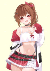 Rule 34 | 1girl, :d, belt, belt buckle, black belt, blush, breasts, brown background, brown hair, buckle, camisole, chitetan, cleavage, collarbone, commentary request, hair between eyes, hair ornament, hair ribbon, hairclip, head tilt, heart, indie virtual youtuber, jacket, long sleeves, looking at viewer, medium breasts, miniskirt, navel, off shoulder, open clothes, open jacket, open mouth, plaid, plaid ribbon, plaid skirt, pleated skirt, red eyes, red ribbon, red skirt, ribbon, side ponytail, simple background, skirt, sleeves past wrists, smile, solo, virtual youtuber, watashi aya, white camisole, white jacket, x hair ornament