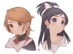 2girls bad_id bad_twitter_id black_hair black_shirt bow bowtie brown_eyes brown_hair closed_mouth collarbone cropped_torso cure_black cure_white dress earrings eyelashes futari_wa_precure hair_between_eyes hair_bow hair_ornament heart heart_earrings heart_hair_ornament high_ponytail jewelry light_blush long_hair magical_girl misumi_nagisa multiple_girls pink_bow pink_bowtie ponytail precure purple_eyes ryota_(ry_o_ta) shirt short_hair_with_long_locks short_ponytail signature simple_background smile split_ponytail swept_bangs thick_eyebrows turtleneck turtleneck_shirt white_background white_bow white_bowtie white_dress yukishiro_honoka