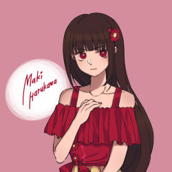 Rule 34 | 1girl, aki aiko, bare shoulders, blunt bangs, brown hair, character name, collarbone, commentary request, danganronpa (series), danganronpa v3: killing harmony, dress, flower, hair flower, hair ornament, hand on own chest, harukawa maki, long hair, looking at viewer, mole, mole under eye, off-shoulder dress, off shoulder, official alternate costume, pink background, red dress, red eyes, red flower, short sleeves, simple background, solo, upper body, very long hair