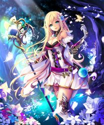 Rule 34 | 1girl, bare shoulders, blonde hair, blue eyes, breasts, bug, butterfly, cleavage, elf, flower, forest, gloves, hair flower, hair ornament, bug, light rays, long hair, looking at viewer, nature, open mouth, original, pointy ears, shingoku no valhalla gate, sho (runatic moon), solo, staff, thighhighs