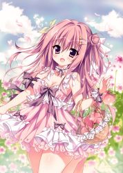 Rule 34 | 1girl, absurdres, basket, blush, bow, breasts, brown eyes, brown hair, cherry blossoms, cleavage, cloud, collarbone, day, dress, flower, food, frilled dress, frills, fruit, green bow, green ribbon, hair bow, hair ornament, hair ribbon, hairclip, hellrun, herurun, highres, leaf, leg up, long hair, looking at viewer, medium breasts, neck garter, open mouth, original, peach, pink eyes, purple bow, ribbon, solo, star (symbol), star hair ornament, striped clothes, striped dress, too many, white bow, white ribbon, wrist cuffs