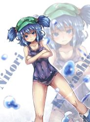 Rule 34 | 1girl, alternate costume, bare arms, bare shoulders, black one-piece swimsuit, blue eyes, blue hair, blush, breasts, character name, closed mouth, collarbone, covered navel, cowboy shot, crossed arms, dutch angle, frown, hair bobbles, hair ornament, hat, highres, kawashiro nitori, legs, legs apart, looking at viewer, medium breasts, old school swimsuit, one-piece swimsuit, ototobe, school swimsuit, solo, swimsuit, thighs, touhou, two side up, water drop, zoom layer
