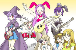 Rule 34 | 6+girls, animal ears, band, camera, cape, cosplay, crossover, drum, drum set, drumsticks, fake animal ears, guitar, hat, highres, hoshikawa tsukimi, instrument, izumi ako, k-on!, kakizaki misa, kotobuki tsumugi, kugimiya madoka, leotard, long hair, mahou sensei negima!, md5 mismatch, multiple girls, nagato yuki, nagato yuki (cosplay), pantyhose, playboy bunny, purple hair, rabbit ears, red eyes, resolution mismatch, school uniform, serafuku, shiina sakurako, short hair, source larger, suzumiya haruhi, suzumiya haruhi no yuuutsu, witch hat, yamanaka sawako