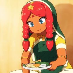 Rule 34 | 1girl, alternate species, blue eyes, braid, commentary request, dark-skinned female, dark skin, facial mark, food, forehead mark, hong meiling, india, long hair, looking down, plate, red hair, shirosato, short sleeves, smile, solo, star (symbol), touhou, tray, twin braids