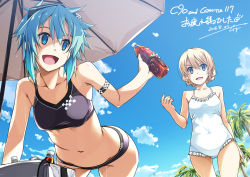Rule 34 | 10s, 2016, 2girls, aqua eyes, aqua hair, armband, artist name, beach umbrella, bikini, black bikini, blonde hair, blue eyes, bottle, braid, can, casual one-piece swimsuit, cloud, cloudy sky, comiket 90, crossover, darjeeling (girls und panzer), dated, day, frilled swimsuit, frills, girls und panzer, hair ornament, highres, holding, iced tea, leaning forward, looking at another, looking back, multiple girls, one-piece swimsuit, open mouth, outdoors, print bikini, shikei, short hair, signature, sinon, sky, smile, standing, swimsuit, sword art online, thighs, twin braids, umbrella, wet, white one-piece swimsuit