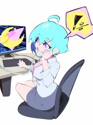 Rule 34 | !, 1girl, :o, absurdres, aetherion, ahoge, aqua eyes, aqua hair, blush, blush stickers, breasts, chair, cleavage, commentary, computer, cropped legs, desk, english commentary, grey skirt, highres, keyboard (computer), medium breasts, miniskirt, monitor, mouse (computer), multicolored eyes, office chair, office lady, original, pencil skirt, phone, pink eyes, shirt, simple background, sitting, skirt, solo, space girl (aetherion), spoken exclamation mark, swivel chair, talking on phone, white background, white shirt