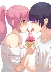 Rule 34 | 1boy, 1girl, bare shoulders, blue eyes, breasts, collarbone, food, highres, holding food, holding ice cream, ice cream, izumi yuu (kawaii dake ja nai shikimori-san), kawaii dake ja nai shikimori-san, long hair, looking at another, medium breasts, mikame v2, open mouth, pink hair, ponytail, purple hair, shaded face, shikimori (kawaii dake ja nai), shirt, short hair, sideboob, tongue, tongue out, upper body, white background, white shirt
