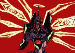 Rule 34 | eva 01, halo, hand up, highres, mecha, multiple wings, neon genesis evangelion, no humans, open mouth, patrik junior, red background, robot, simple background, solo, spread wings, wings