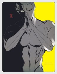 Rule 34 | 1boy, bare pectorals, biceps, dark-skinned male, dark skin, emiya alter, fate/grand order, fate (series), looking at viewer, male focus, multicolored background, muscular, navel, one eye closed, own hands together, pectorals, short hair, solo, twitter username, very short hair, yellow eyes
