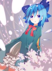 Rule 34 | 1girl, alternate costume, bad id, bad twitter id, blue eyes, blue hair, cirno, dress, dutch angle, gradient background, hair ribbon, highres, ice, ice wings, long sleeves, looking at viewer, matching hair/eyes, open mouth, ribbon, short hair, solo, touhou, varyu, wide sleeves, wings