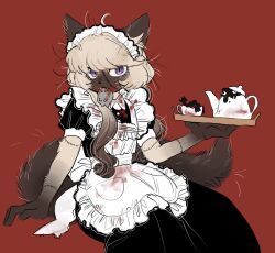 Rule 34 | 1girl, animal ear fluff, animal ears, apron, back bow, black dress, blonde hair, blood, blood on clothes, blood on face, body fur, bow, brown fur, brown hair, carcass, cat, cat ears, cat girl, cat tail, commentary request, creature, cup, dead animal, dress, fangs, furry, furry female, gradient hair, hair over shoulder, highres, holding, holding tray, invisible chair, long hair, looking at viewer, maid, maid headdress, messy hair, mouse (animal), mouth hold, multicolored hair, original, puffy short sleeves, puffy sleeves, purple eyes, rata (norahasu), red background, short sleeves, siamese cat, simple background, sitting, slit pupils, stitched arm, stitched face, stitches, tail, teacup, teapot, tiara (norahasu), tray, whiskers, white apron