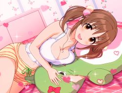 Rule 34 | 1girl, :d, blush, breasts, brown hair, dutch angle, fang, floral print, heart, heart necklace, heart print, highres, hugging object, idolmaster, idolmaster cinderella girls, indoors, jewelry, large breasts, looking at viewer, lying, natsuya (natuya777), navel, necklace, on side, open mouth, pina korata, plunging neckline, rose print, shorts, skin fang, smile, solo, striped clothes, striped shorts, stuffed toy, tank top, totoki airi, twintails, white tank top