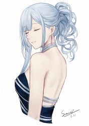 Rule 34 | 1girl, ak-12 (girls&#039; frontline), ak-12 (quiet azure) (girls&#039; frontline), aqua dress, artist name, back, bare back, bare shoulders, breasts, closed eyes, dated, dress, earrings, girls&#039; frontline, hair ornament, highres, jewelry, long hair, medium breasts, official alternate costume, selcky, silver hair, simple background, smile, solo, white background