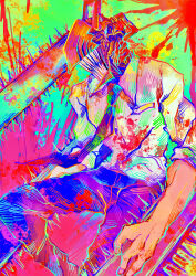 Rule 34 | 1boy, absurdres, blood, blood on clothes, blood splatter, blue necktie, blue pants, chainsaw, chainsaw man, collared shirt, colorful, denji (chainsaw man), highres, male focus, multicolored background, necktie, object head, otonoha aika, pants, sharp teeth, shirt, sleeves rolled up, solo, splatter background, standing, teeth, white shirt